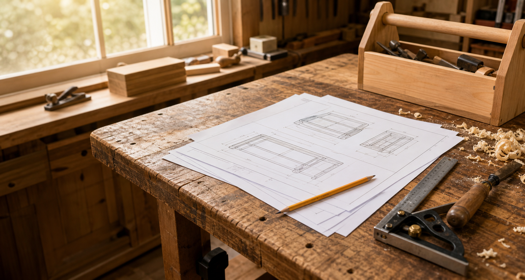 Printed woodworking plans and tools on a workshop table
